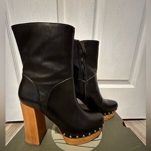 Zara Black Leather Heeled Boots with Wooden Platform
